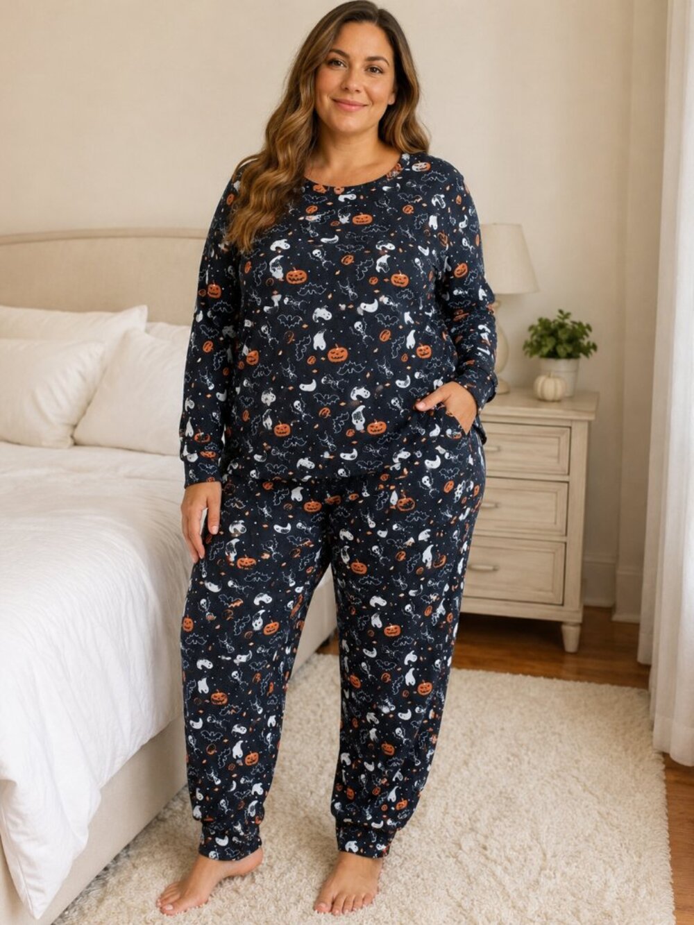 Whimsical Y2K Soft Cozy Stretchable Knit Halloween Pj's Skeletons Pumpkins LG.